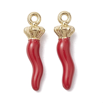 Ion Plating(IP) 304 Stainless Steel Pendants, with Enamel, Real 18K Gold Plated, Horn of Plenty/Italian Horn Cornicello Charms, Red, 19.5x5.5x4.5mm, Hole: 1.4mm