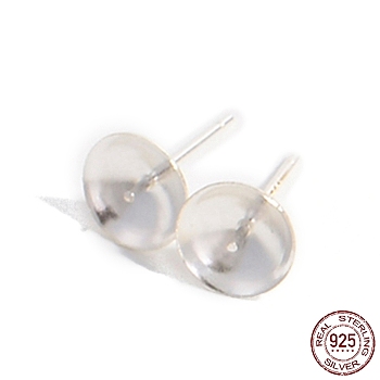 Rhodium Plated 925 Sterling Silver Stud Earring Findings, for Half Drill Beads, with S925 Stamp, Real Platinum Plated, 14x8.1mm, Inner Diameter: 7.4mm, Pin: 12x0.7mm