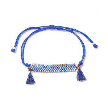 Handmade Japanese Seed Rectangle with Flower Link Braided Bead Bracelet, Tassel Charm Bracelet for Women, Blue, Maximum Inner Diameter: 3-1/2 inch(9cm)