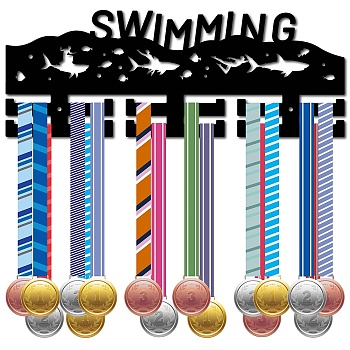 Fashion Wood Medal Hanger Holder, 2 Line Display Wall Rack, with Screws & Anchor Plug, Swimming, Sports, 150x400x7mm, Hole: 5mm