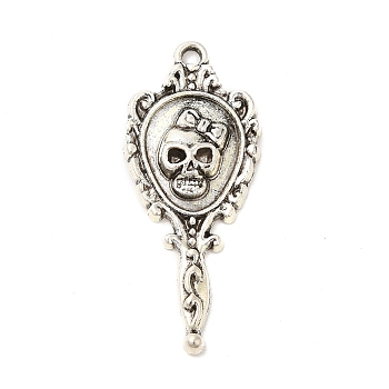 Tibetan Style Alloy Pendant, Halloween Skull Magic Mirror Charm, Antique Silver, 35x15x3mm, Hole: 2mm