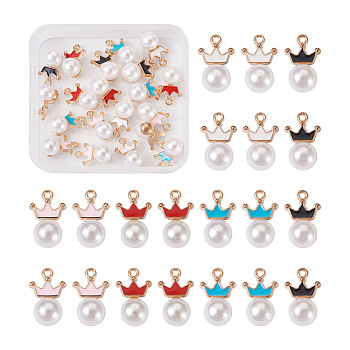 20Pcs 5 Colors Resin Imitation Pearl Pendants, with Golden Tone Alloy Enamel Findings, Round with Crow, Mixed Color, 18.5x11.5x10mm, Hole: 1.4mm, 4pcs/color