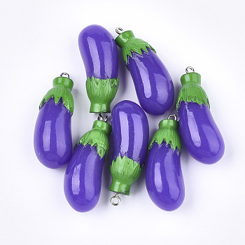 Resin Pendants, with Platinum Plated Iron Findings, Imitation Food, Eggplant, Blue Violet, 39~41x15x14.5~15mm, Hole: 2mm