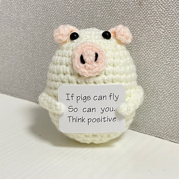 Cute Funny Positive Pig Doll, Wool Knitting Doll with Positive Card, for Home Office Desk Decoration Gift, White, 50x60x80mm