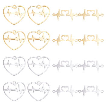 Unicraftale 16Pcs 4 Style 201 Stainless Steel Links Connectors, Heartbeat & Heart with Heartbeat/ECG, Golden & Stainless Steel Color, 12~19.5x21.5~24x1mm, hole: 1.4mm, 4pcs/style