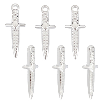 6Pcs 304 Stainless Steel Pendants, Dagger Charm, 925 Sterling Silver Plated, 24x9x4mm, Hole: 1.8mm