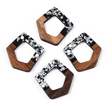 Opaque Resin & Walnut Wood Pendants, Pentagon Charms with Stars & Moon & Sun Paillettes, Silver, 35.5x32.5x3.5mm, Hole: 2mm