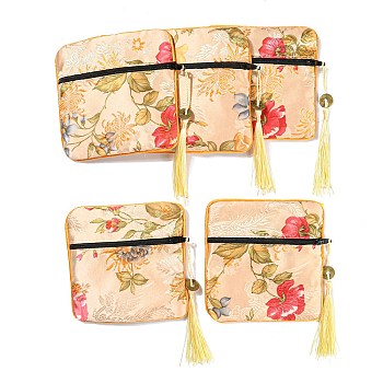 Chinese Style Floral Cloth Jewelry Storage Zipper Pouches, Square Jewelry Gift Case with Tassel, for Bracelets, Earrings, Rings, Random Pattern, PeachPuff, 115x115x7mm