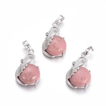 Natural Rhodochrosite Pendants, with Platinum Tone Brass Findings, Swan, 30.8x18.8x8.5mm, Hole: 7x5mm