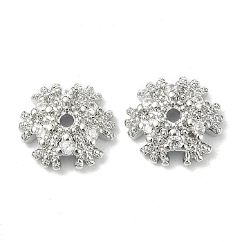 Brass with Clear Cubic Zirconia Beads, Snowflake, Real Platinum Plated, 8x7.5x2.5mm, Hole: 1mm
