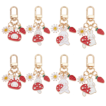 8Pcs 4 Style Alloy Enamel Pendant Keychain, with Strawberry & Chrysanthemum Charm, for Keychain, Purse, Backpack Ornament, Mixed Color, 5.7~6.8cm, 2pcs/style