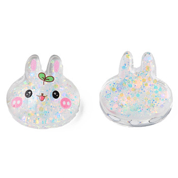 Printed Translucent Epoxy Resin Cabochons, with Paillettes, Rabbit, Colorful, 20x18.5x6.5mm