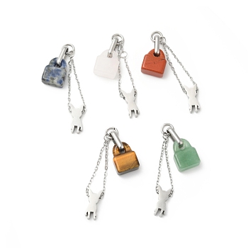 Natural Mixed Gemstone Big Pendants, Lock Charm, with Stainless Steel Color Plated 304 Stainless Steel Dog Findings, 72x1.5mm, Lock: 16x11.5x6.5mm, Dog: 15x7x3mm