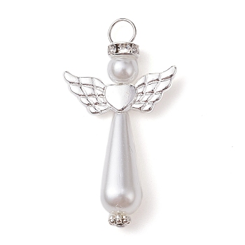Acrylic Imitation Pearl with Alloy Pendants, Angel, Silver, 39.5x22x8mm, Hole: 4.5mm