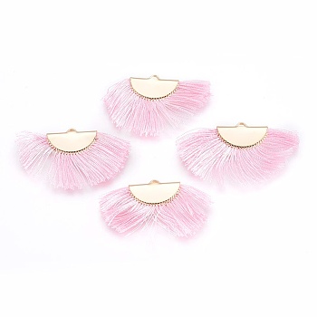 Nylon Tassel Pendants, with Brass Findings, Nickel Free, Real 18K Gold Plated, Pink, 25~27x43~46x3mm, Hole: 1.5mm