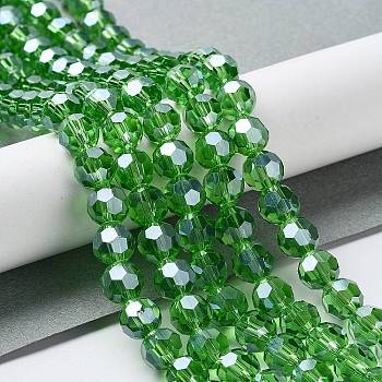 Electroplate Glass Bead Strands, Pearl Luster Plated, Faceted(32 Facets), Round, Green, 8x7mm