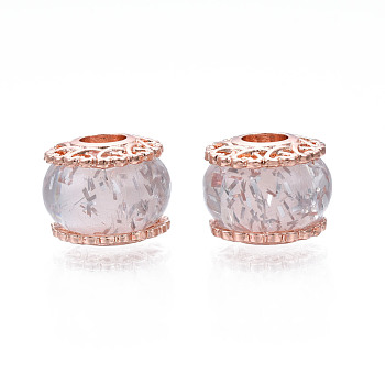 Rack Plating Alloy European Beads, with Resin and Sequins, Large Hole Beads, Cadmium Free & Lead Free, Rondelle, Rose Gold, Clear, 13.5x11mm, Hole: 4.5mm