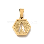 304 Stainless Steel Charms, Real 18K Gold Plated, Hexagon with Letter Charm, Letter A, 15x14x1.5mm, Hole: 3x5.5mm(STAS-H227-01G-A)