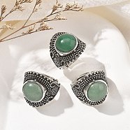 Natural Green Aventurine Adjustable Rings, Lead Free & Cadmium Free, Antique Silver Plated Brass Finger Rings for Women, 22.5mm, Inner Diameter: 17mm(RJEW-I108-03AS-05)