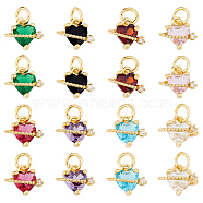 16PCS 8Colors Brass Cubic Zirconia Charms, Real 18K Gold Plated, Cadmium Free & Lead Free, Heart, Mixed Color, 9x10x6mm, Hole: 3.8mm, 2pcs/color(KK-DC0003-70)
