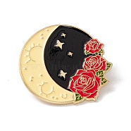 Moon with Rose Flower Enamel Pin, Alloy Badge for Backpack Clothes, Golden, Colorful, 29x31.5x1.5mm, Pin: 1mm(JEWB-H008-46G)