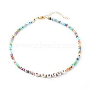 Beaded Necklaces, with Acrylic Beads, Brass Beads, Glass Beads, 304 Stainless Steel Findings & Brass Chain, Word Lucky, Colorful, 15.35 inch(39cm)(NJEW-JN03536-03)