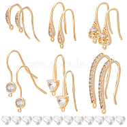 12Pcs 6 Styles Brass Cubic Zirconia Earring Hooks, with Horizontal Loops, with 50Pcs Plastic Ear Nuts, Real 18K Gold Plated, 15~22x2~13x2~3mm, Hole: 1~2mm, Pin: 0.7~1mm, 2Pcs/style(KK-BC0010-16)