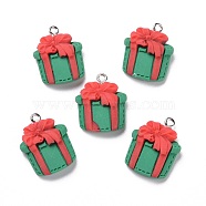 Christmas Opaque Resin Pendants, with Platinum Tone Iron Loops, Gift Box Shape, Green, 24x18x8mm, Hole: 2mm(RESI-G028-02P)