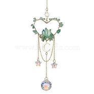 Natural Green Aventurine Chip Beads with Brass Finding Pendant Decorations, Heart Hanging Suncatcher, 260mm(HJEW-JM01815-02)