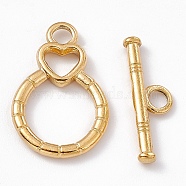 Ion Plating(IP) 304 Stainless Steel Toggle Clasps, Flat Round with Heart, Real 18K Gold Plated, Bar: 6x19.5x2mm, hole: 2.5mm, Flat Round with Heart: 21x13.5x2mm, hole: 2.5mm(STAS-G299-01G)