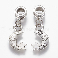 Tibetan Style Alloy European Dangle Charms, Large Hole Beads, with Iron Findings, Moon with Star, Antique Silver, 29mm, Pendant: 18x11x1.5mm, Hole: 4.5mm(PALLOY-JF00001-40)