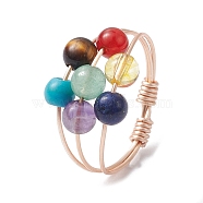 Natural & Synthetic Mixed Gemstone Round Beaded Chakra Theme Fringer Ring, Golden Copper Wire Wrap Finger Ring, US Size 8 1/4(18.3mm)(RJEW-TA00107)