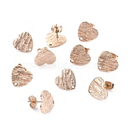Ion Plating(IP) 304 Stainless Steel Stud Earring Findings, with Ear Nuts, Textured Heart, Rose Gold, 12x13mm, Hole: 1.5mm, Pin: 0.7mm(STAS-I183-05B-RG)