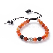Braided Bead Bracelets, with Antique Silver Plated Alloy Findings, Nylon Thread, Natural Striped Agate and Lava Rock Beads, Buddha, Orange, 2-1/8 inch(5.5cm)(BJEW-JB04746-01)