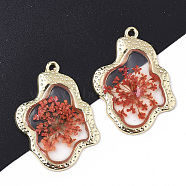 Epoxy Resin Pendants, with Dried Flower Inside and Light Gold Plated Alloy Open Back Bezel, Nuggets, Crimson, 35x26x1.5mm, Hole: 1.6mm(X-RESI-T045-028D)