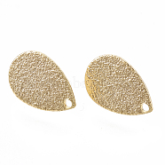 Brass Stud Earring Findings, with Loop, Teardrop, Bumpy, Nickel Free, Real 18K Gold Plated, 14x9x1mm, Hole: 1mm, Pin: 0.7mm(KK-N186-62G)