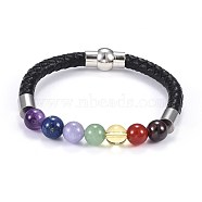Chakra Jewelry, Leather Cord Bracelets, with Natural Mixed Gemstone, Brass Magnetic Clasps and 304 Stainless Steel Cord Ends, 7-1/2 inch(19cm), 6mm(BJEW-JB04254-01)