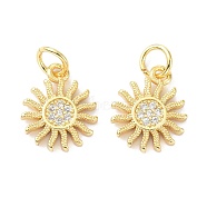 Brass Cubic Zirconia Charms, with Jump Ring, Long-Lasting Plated, Lead Free & Cadmium Free, Sun, Real 18K Gold Plated, 13x11x1.8mm(ZIRC-C022-21G)