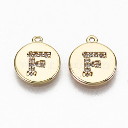 Brass Micro Pave Clear Cubic Zirconia Charms, Nickel Free, Real 18K Gold Plated, Flat Round, Letter.F, 11.5x10x1mm, Hole: 0.9mm(KK-N231-233F-NF)