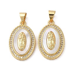 Brass Micro Pave Cubic Zirconia Pendants, with Shell, Oval, Real 18K Gold Plated, 22.5x14x3.5mm, Hole: 5.5x4mm(KK-D057-04G)