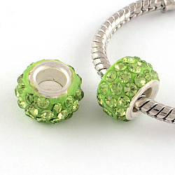 Polymer Clay Rhinestone European Large Hole Beads with Silver Color Plated Brass Cores, Rondelle, Peridot, 11~12x7~7.5mm, Hole: 5mm(FPDL-R002-11)