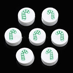Handmade Polymer Clay Beads, Flat Round with Christmas Candy Cane, Green, 9~9.5x4~4.5mm, Hole: 1.5mm(CLAY-N007-007)