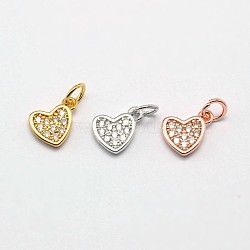 Heart Brass Micro Pave Cubic Zirconia Charms, Cadmium Free & Nickel Free & Lead Free, Mixed Color, 8x6x1mm, Hole: 2mm(ZIRC-F017-29)