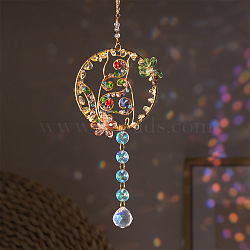 Flat Round with Cat Suncatchers, Golden Tone Copper Wire Wrapped Glass Hanging Ornaments with Iron Ring, Colorful, 330mm(PW-WG25459-01)