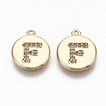 Brass Micro Pave Clear Cubic Zirconia Charms, Nickel Free, Real 18K Gold Plated, Flat Round, Letter.F, 11.5x10x1mm, Hole: 0.9mm