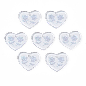 Transparent Resin Pendants, with Glitter Powder, Heart with Flower, Lavender, 17x20x2mm, Hole: 1.4mm