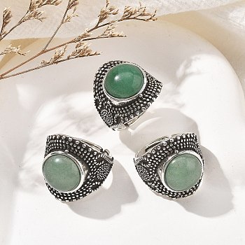 Natural Green Aventurine Adjustable Rings, Lead Free & Cadmium Free, Antique Silver Plated Brass Finger Rings for Women, 22.5mm, Inner Diameter: 17mm