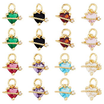 16PCS 8Colors Brass Cubic Zirconia Charms, Real 18K Gold Plated, Cadmium Free & Lead Free, Heart, Mixed Color, 9x10x6mm, Hole: 3.8mm, 2pcs/color