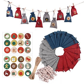 24 Days Burlap Hanging Advent Calendars, DIY Xmas Countdown Christmas Decorations, with Stickers & Clips & Rope & 3 Colors Burlap Pouches, 30.7x20cm