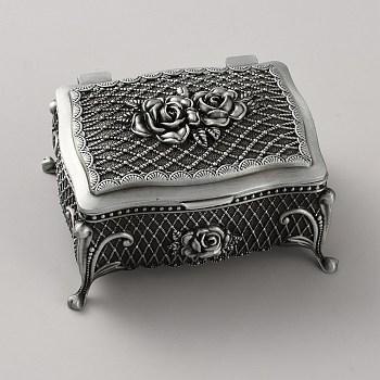 Retro Embossed Flower Alloy Jewelry Storage Decorative Boxes, Rectangle, Antique Silver, 9.5x7.2x5cm